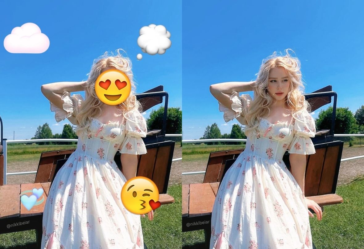 Portrait before and after removing emoji overlays with PxBee AI